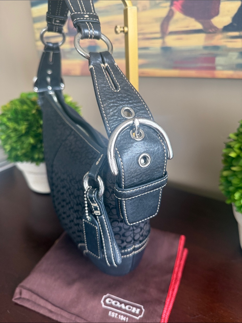 COACH F05N-1460 🖤BLACK🖤 VINTAGE SIGNATURE JACQUARD LEATHER HOBO BAG 🌟EUC🌟 - Picture 16 of 17